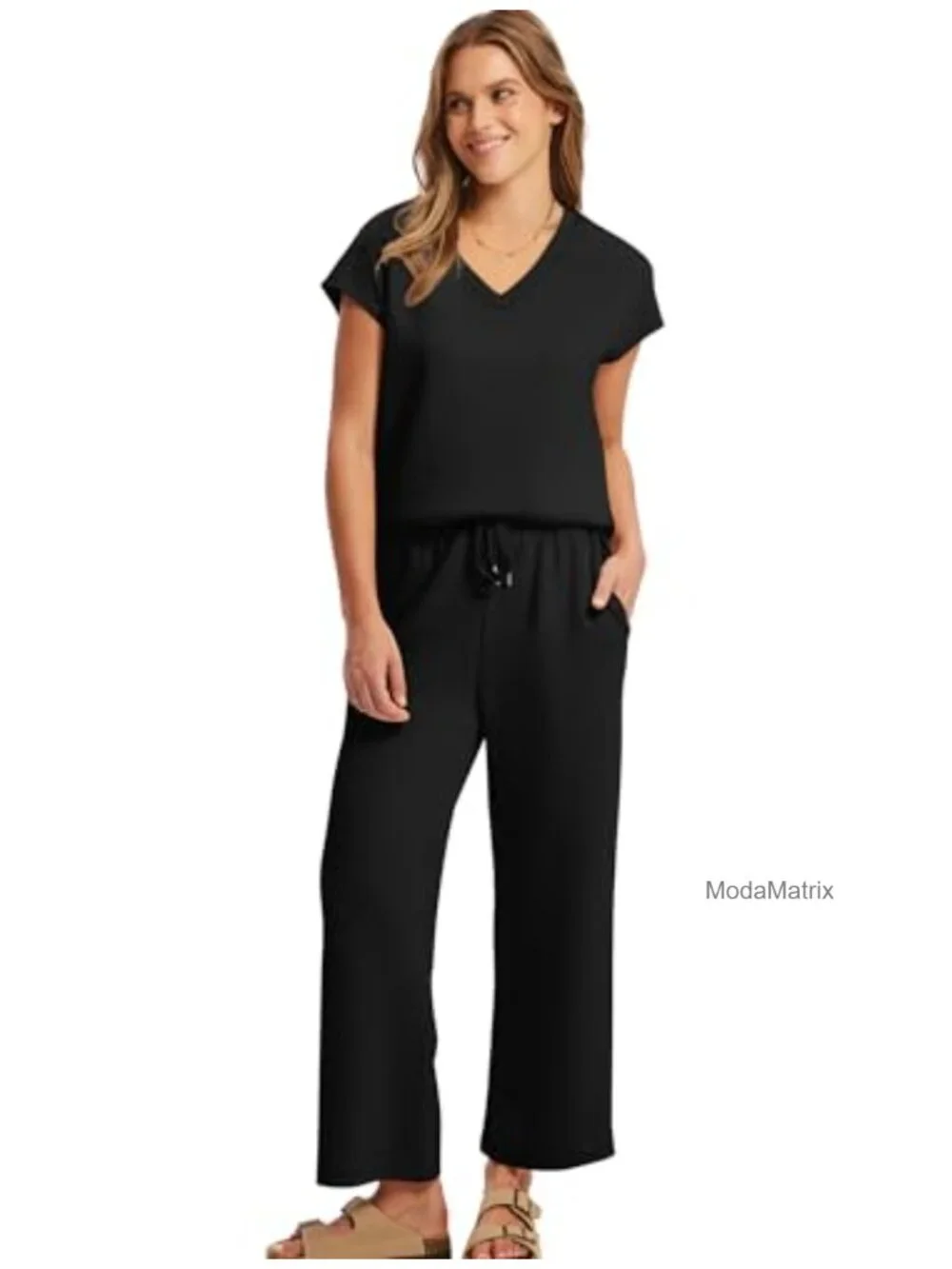 Two Piece Lounge Set V Neck Cap Sleeve Top Wide Leg Pants 4-Way Stretch